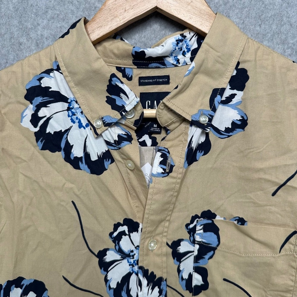 GAP Mens Floral Button Down Shirt Tan Blue Standard Fit Stretch 571901-01-1 M